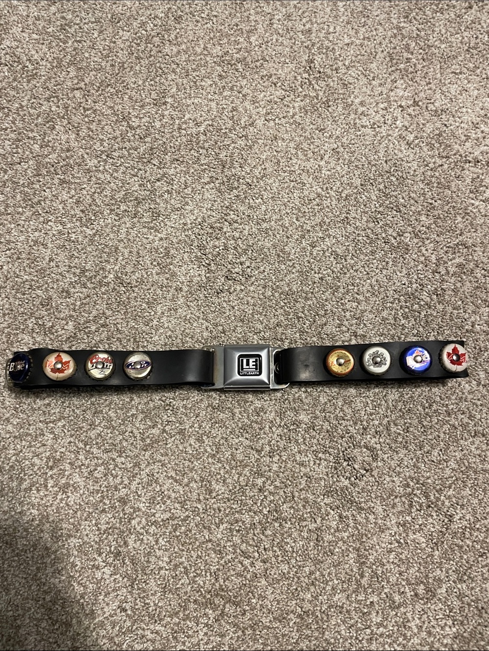 Vintage Black seat belt buckle Belt with Decorative beer caps.